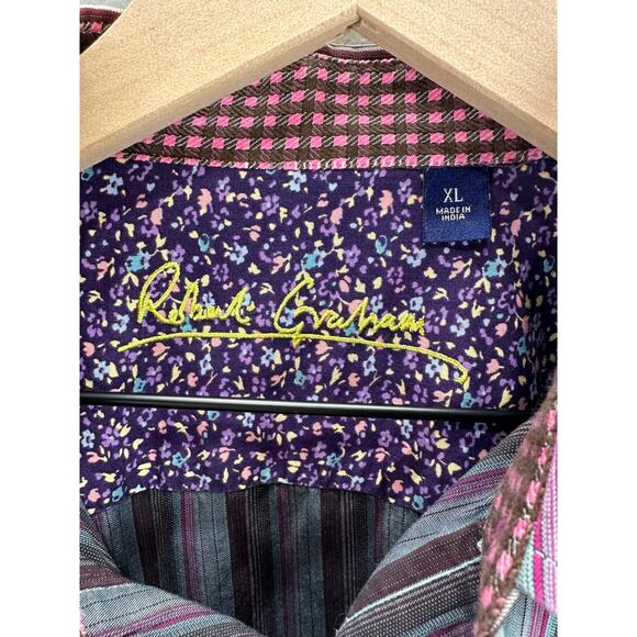 Robert Graham Striped L/S Shirt Men’s Size XL Embroidered Flowers Flip Cuff - Picture 5 of 7